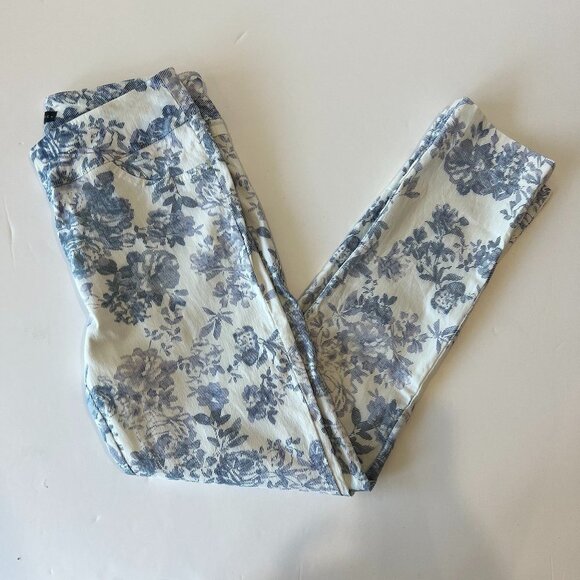 Elliott Lauren Pants - Elliott Lauren White & Blue Floral Stretch Pull On Cropped Ankle Pant Size 2